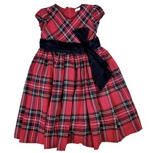 Trish Scully Child Girls Dress 7 Red Plaid Black Satin‎ Bow A-Line Holiday Midi